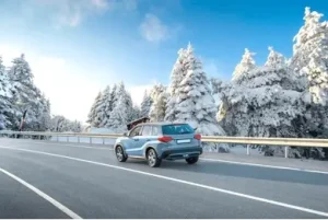 a car on a road with snow covered trees
